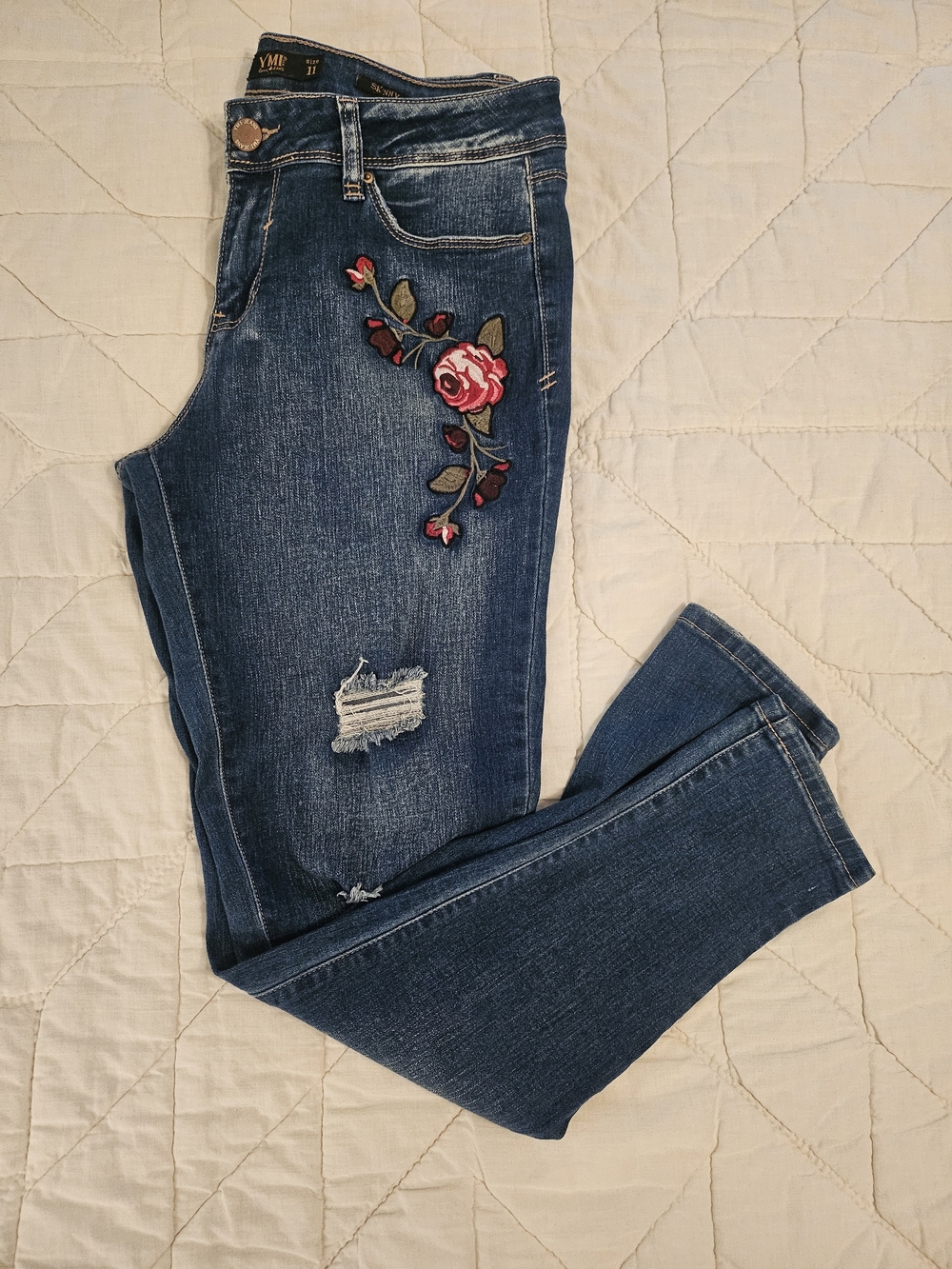YMI 'Skinny' Floral Embroidered Distressed  Jeans - Size 11